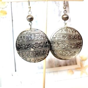 Vintage Etched Embossed Metal Artisan Ethnic African Indian Shield  Earrings